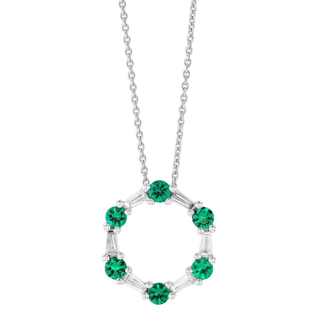 Round Emerald & Tapered Baguette Diamond Open Circle Pendant in White Gold