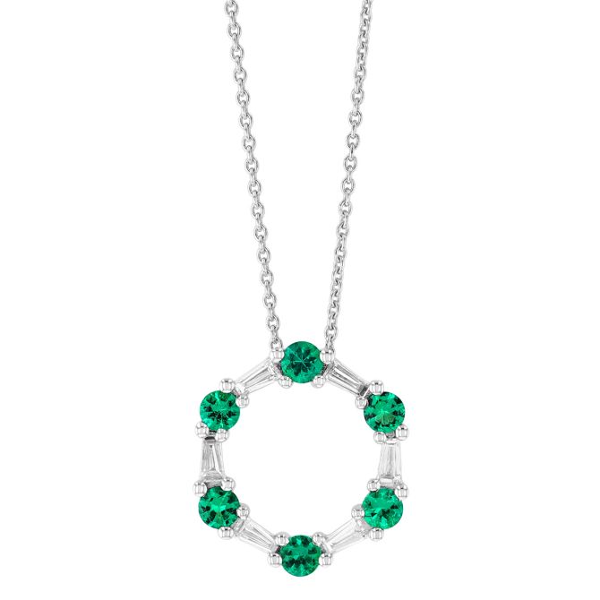 Round Emerald & Tapered Baguette Diamond Open Circle Pendant in White Gold