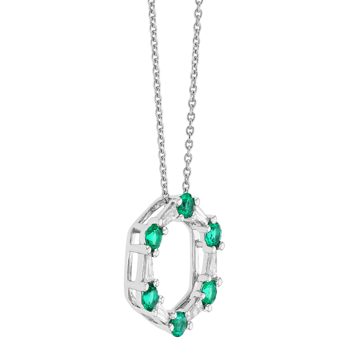 Round Emerald & Tapered Baguette Diamond Open Circle Pendant in White Gold