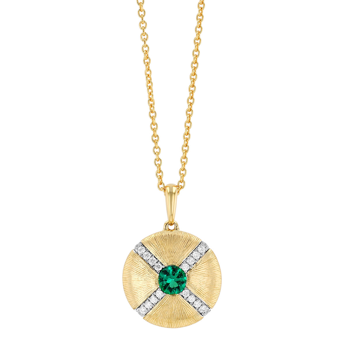Round Emerald & Diamond Textured Disc Necklace in Yellow Gold
