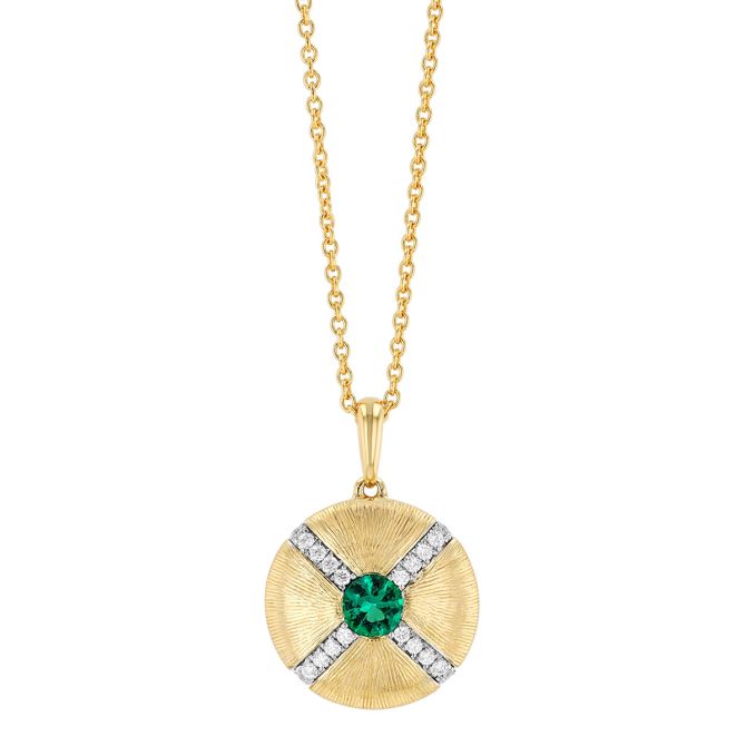 Round Emerald & Diamond Textured Disc Necklace in Yellow Gold