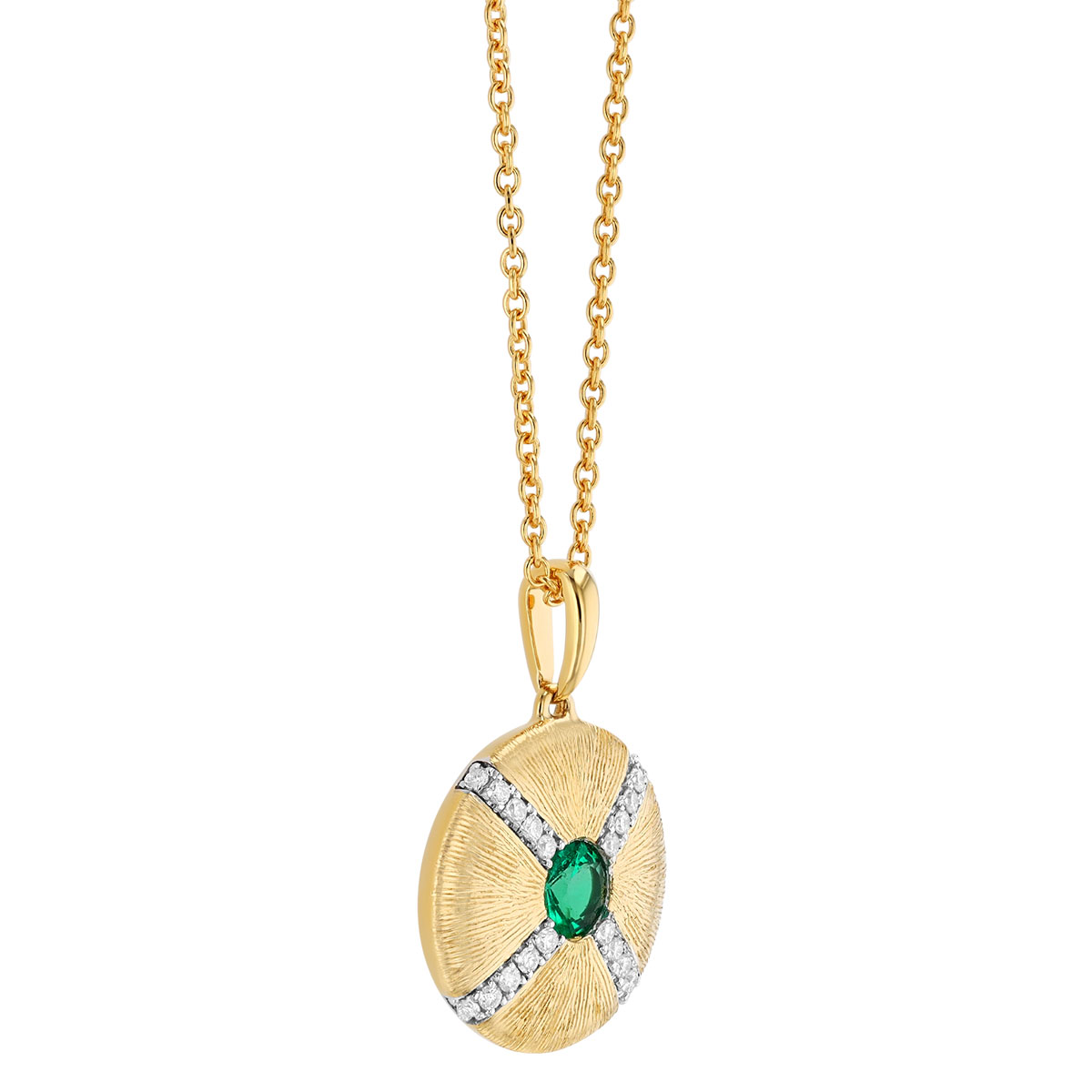 Round Emerald & Diamond Textured Disc Necklace in Yellow Gold