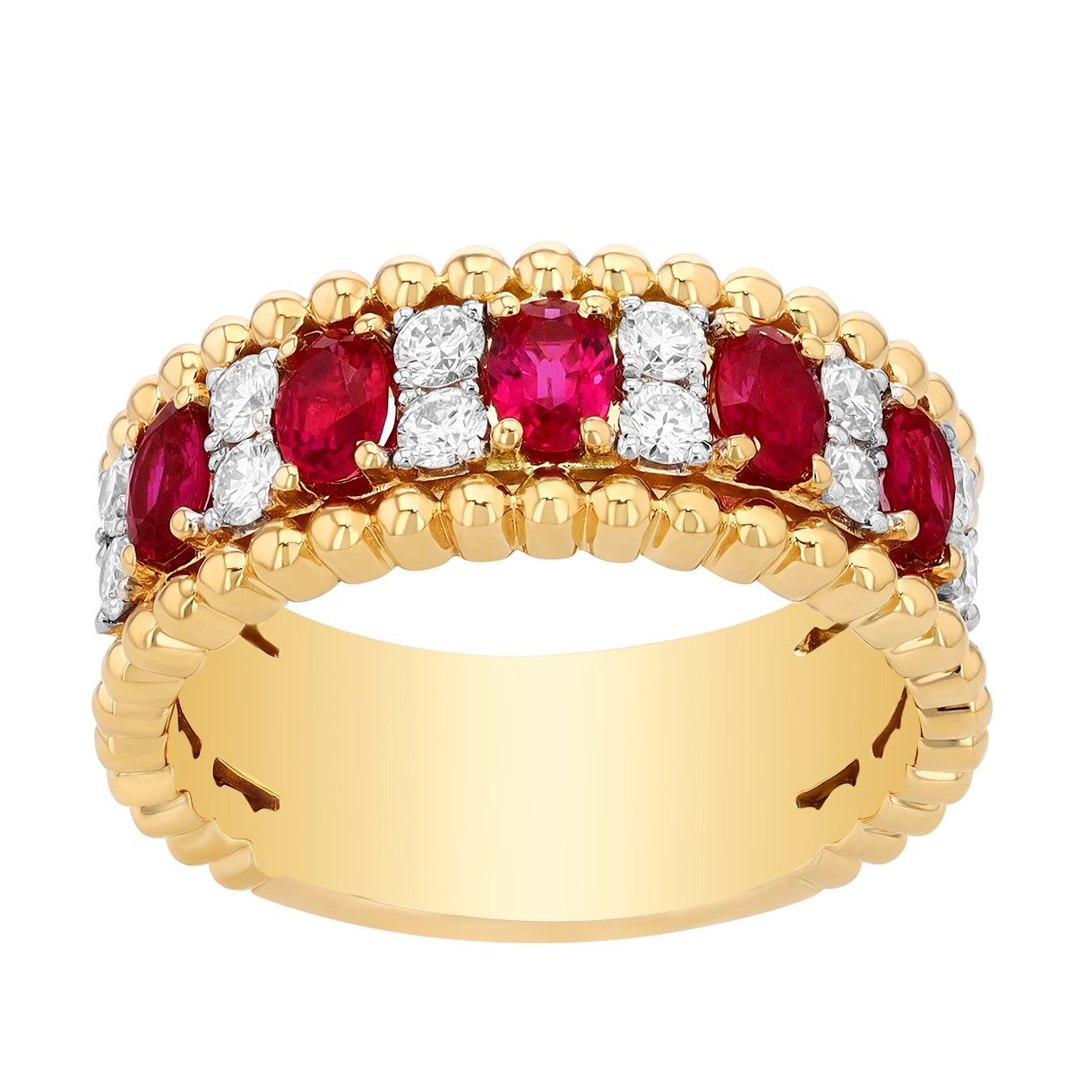 Oval Ruby & Round Diamond Duo Pattern Beaded Edge Ring in Yellow Gold