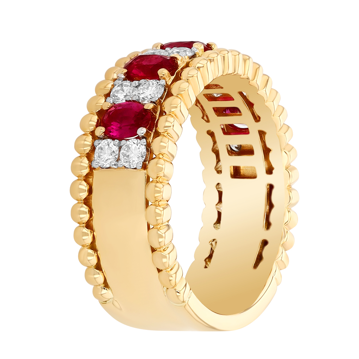 Oval Ruby & Round Diamond Duo Pattern Beaded Edge Ring in Yellow Gold
