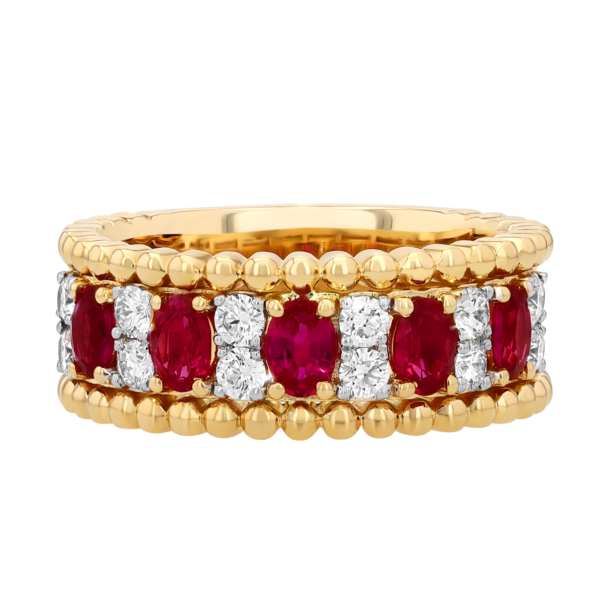 Oval Ruby & Round Diamond Duo Pattern Beaded Edge Ring in Yellow Gold