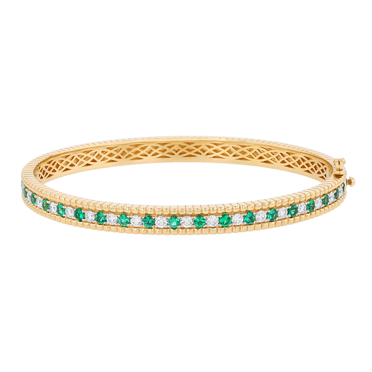 Emerald & Diamond Beaded Edge Bangle Bracelet in Yellow Gold