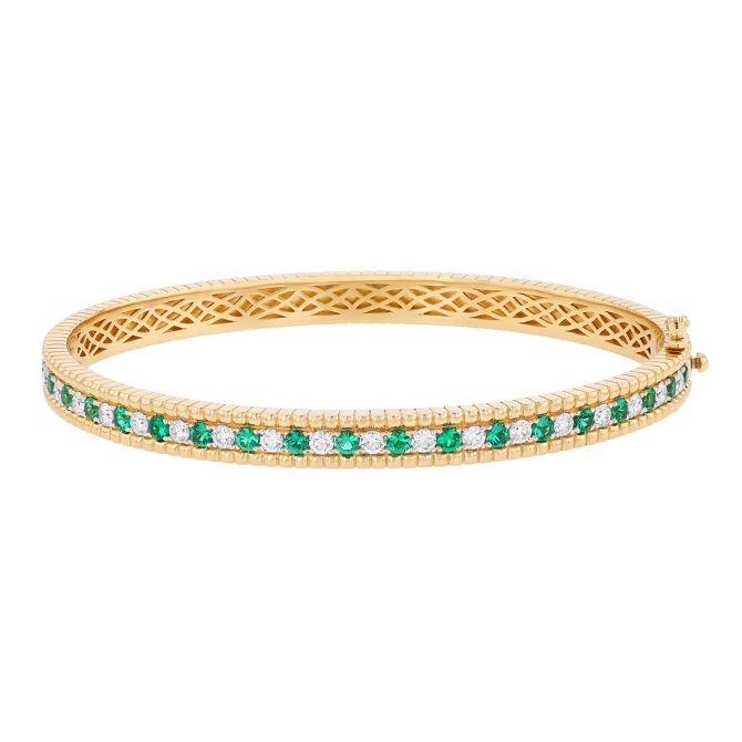 Emerald & Diamond Beaded Edge Bangle Bracelet in Yellow Gold