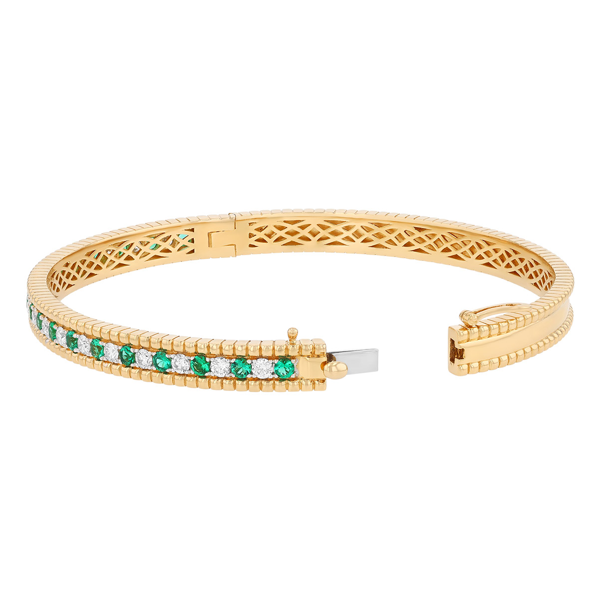 Emerald & Diamond Beaded Edge Bangle Bracelet in Yellow Gold