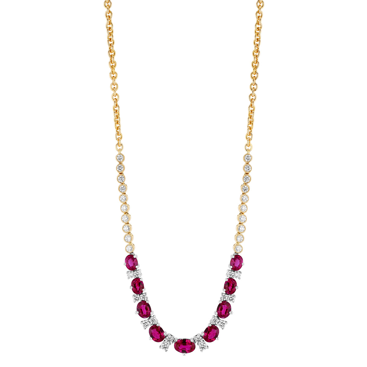 Oval Ruby & Diamond Cluster Necklace in Two Tone, 17