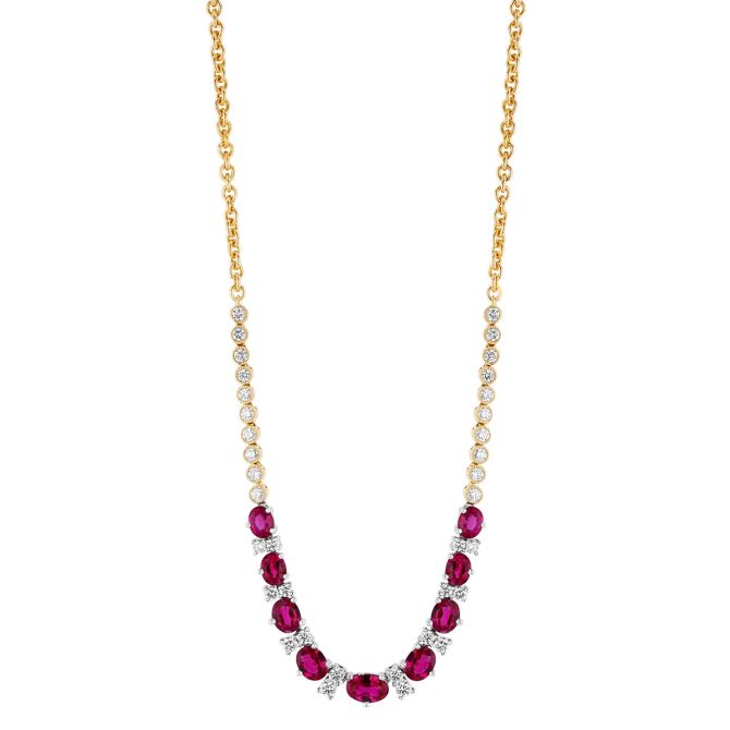 Oval Ruby & Diamond Cluster Necklace in Two Tone, 17"