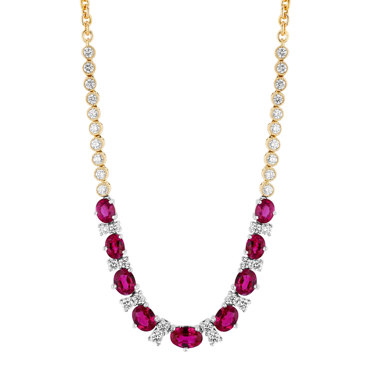 Oval Ruby & Diamond Cluster Necklace in Two Tone, 17
