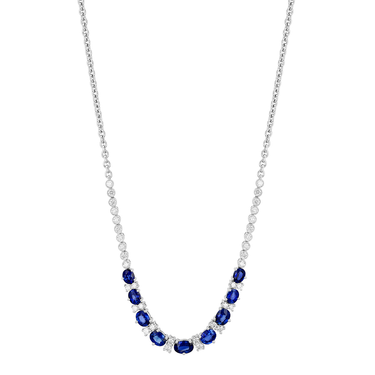 Oval Sapphire & Diamond Pattern Necklace in White Gold