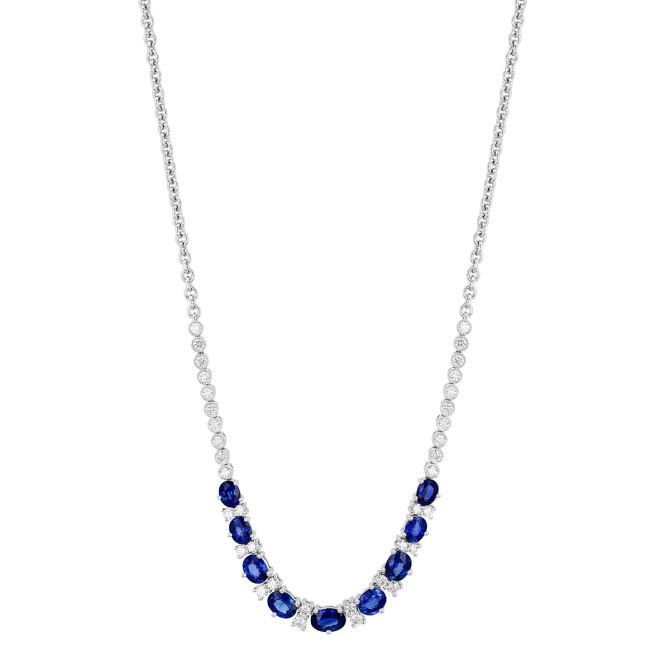 Oval Sapphire & Diamond Pattern Necklace in White Gold