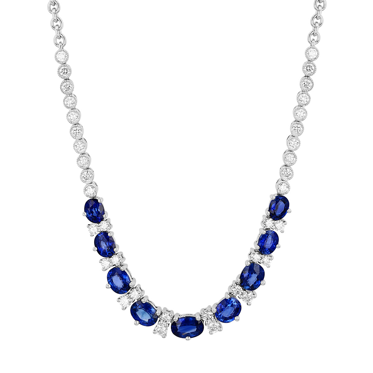 Oval Sapphire & Diamond Pattern Necklace in White Gold
