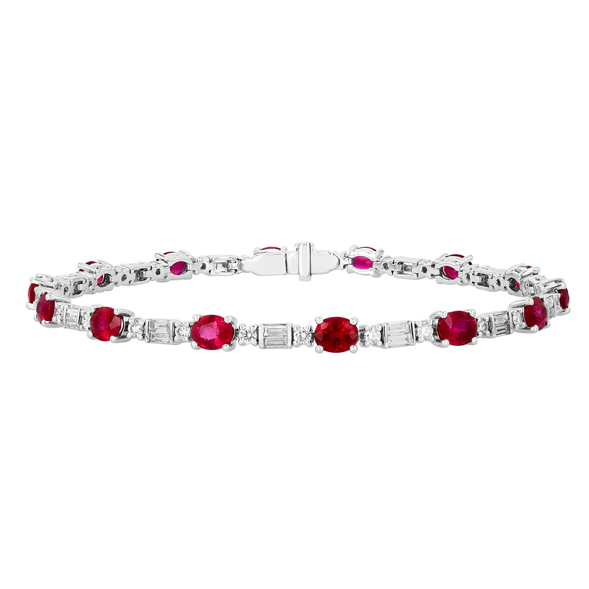 Oval Ruby & Mixed Shape Diamond Tennis Bracelet in White Gold