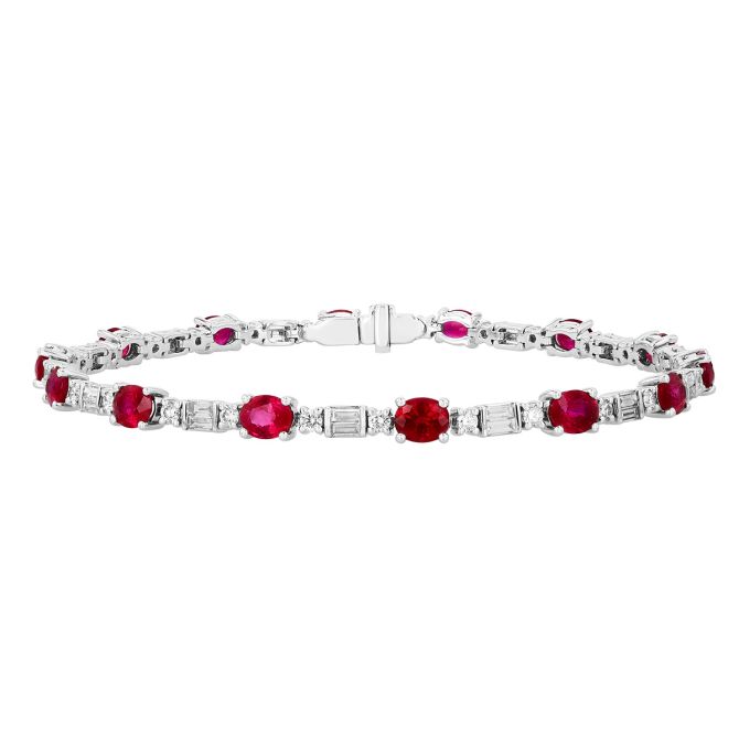Oval Ruby & Mixed Shape Diamond Tennis Bracelet in White Gold