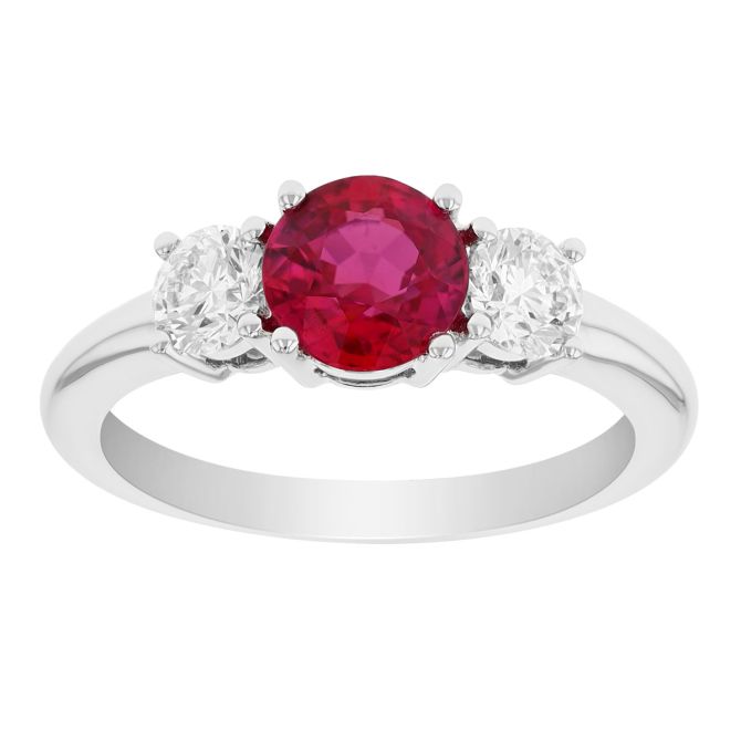 Round Ruby & Diamond 3 Stone Ring in Platinum