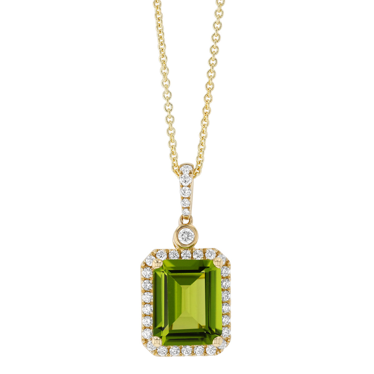 Emerald Cut Peridot & Diamond Halo Pendant in Yellow Gold, 18