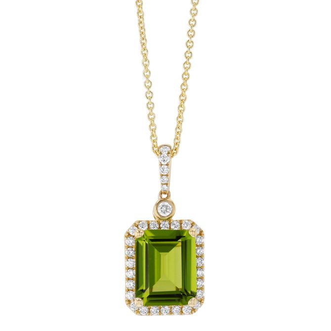 Emerald Cut Peridot & Diamond Halo Pendant in Yellow Gold, 18"