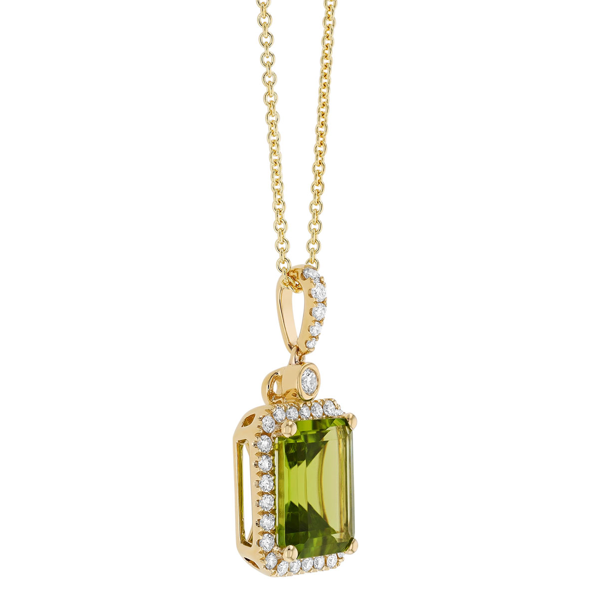 Emerald Cut Peridot & Diamond Halo Pendant in Yellow Gold, 18