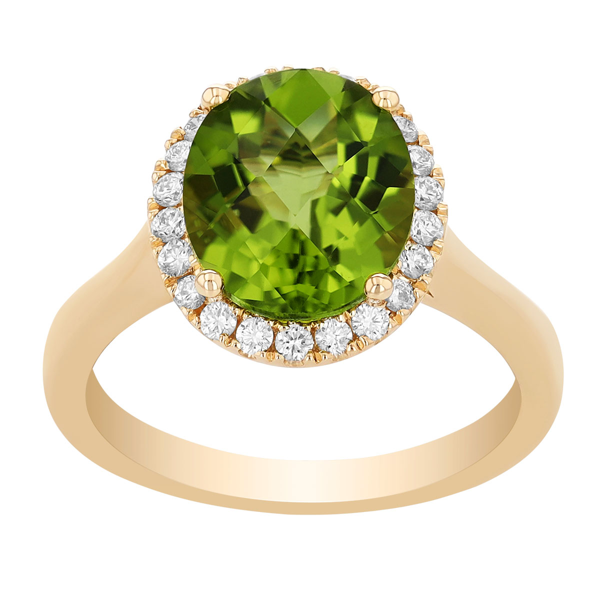 Oval Peridot & Diamond Halo Ring in Yellow Gol