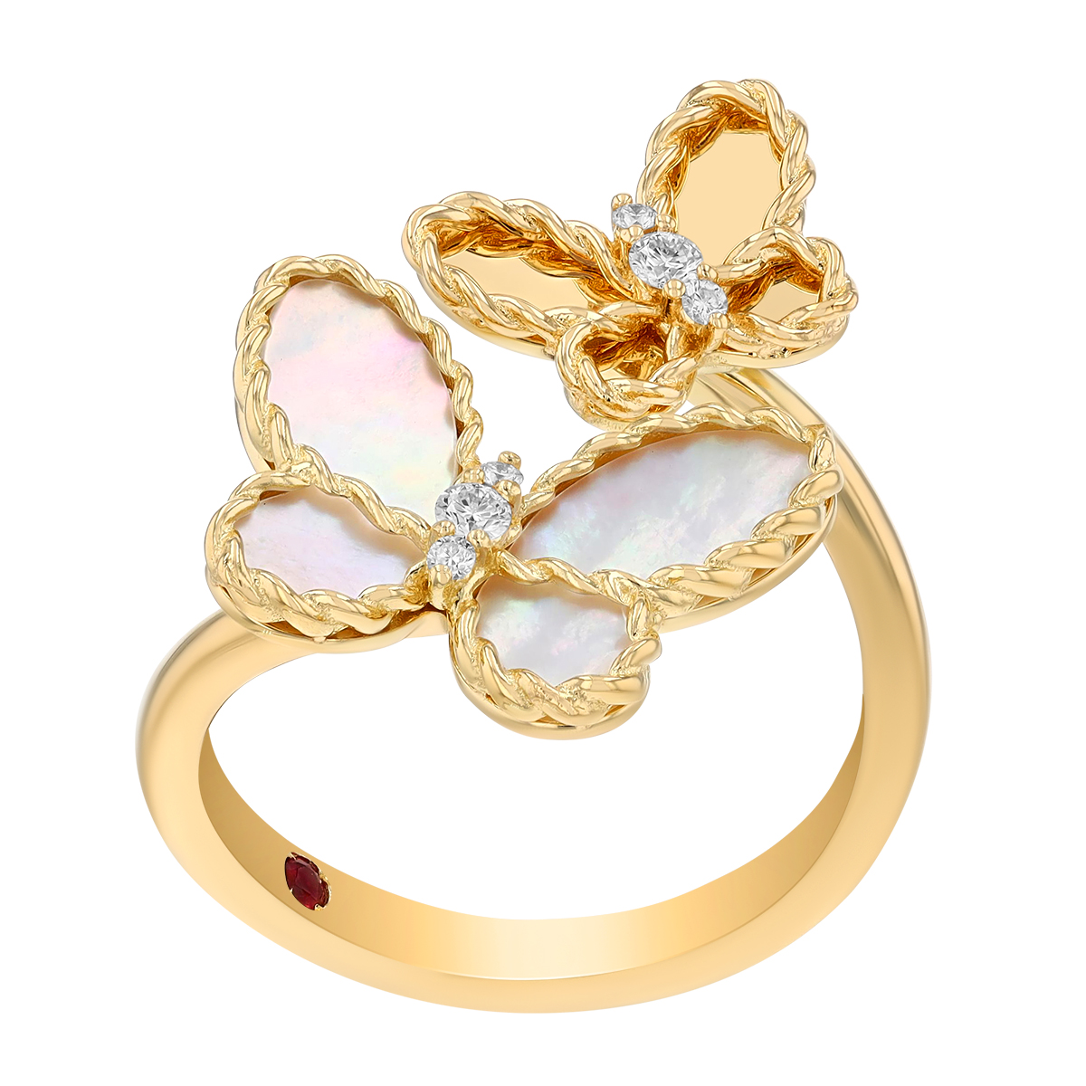 Roberto Coin Jasmine Mother of Pearl & Diamond Butterfly Duo Bypass Ring in Yellow Gold