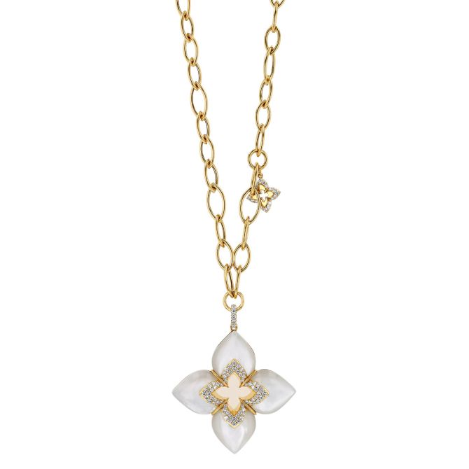 Roberto Coin Venetian Princess Mother of Pearl & Diamond Flower Pendant in Yellow Gold, 20"