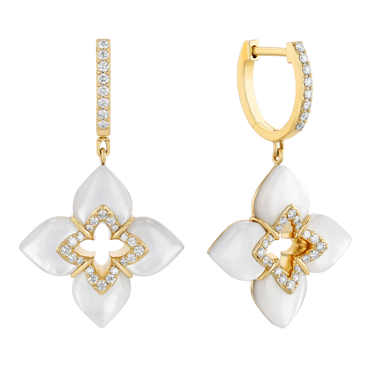 Roberto Coin Venetian Princess Diamond & Mother of Pearl Flower Dangle Hoop Earrings in Yellow Gold