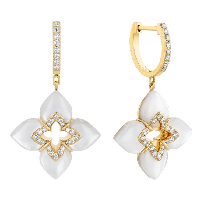 Roberto Coin Venetian Princess Diamond & Mother of Pearl Flower Dangle Hoop Earrings in Yellow Gold