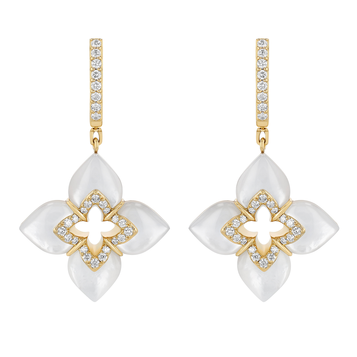 Roberto Coin Venetian Princess Diamond & Mother of Pearl Flower Dangle Hoop Earrings in Yellow Gold