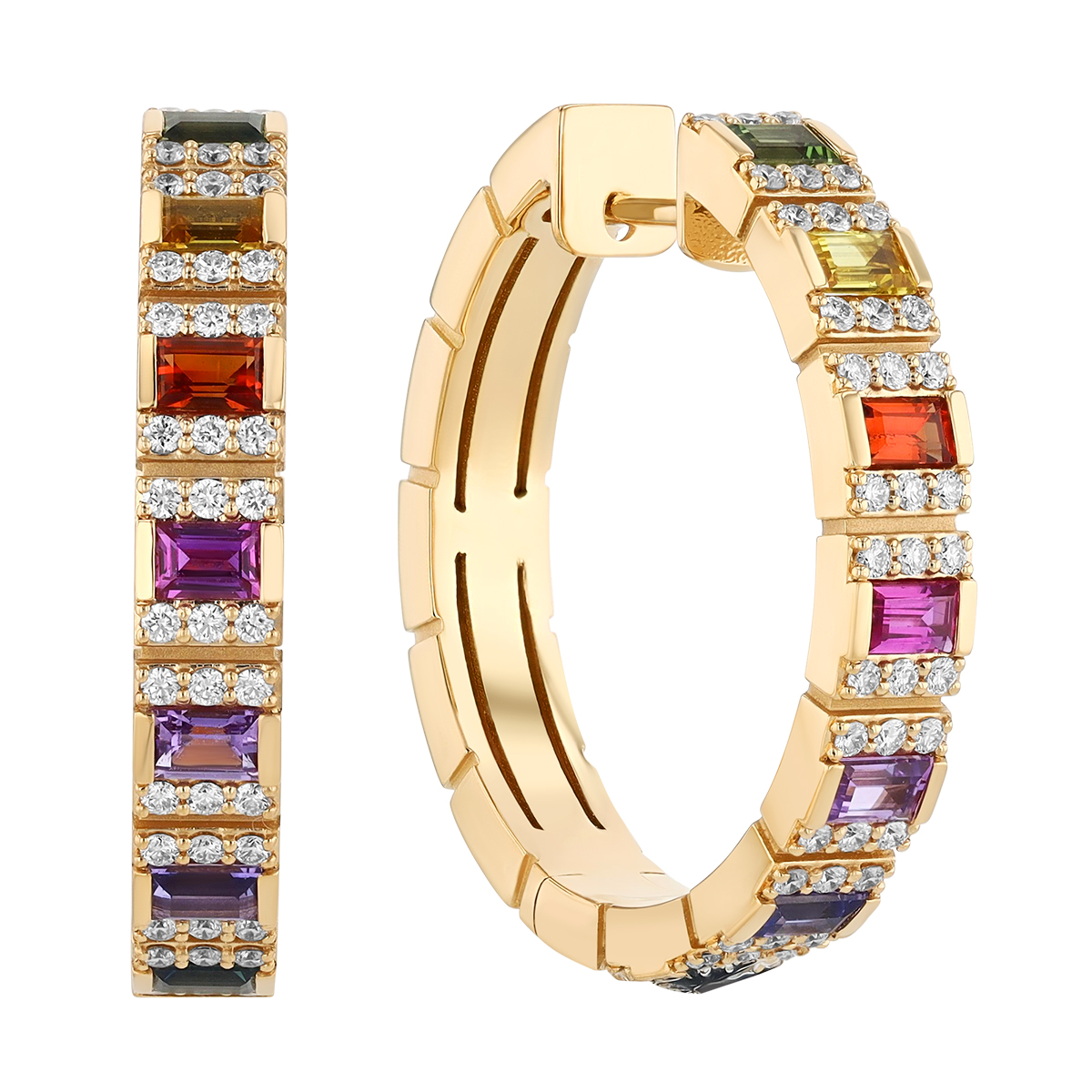 Roberto Coin Multicolored Emerald Cut Sapphire & Diamond Brick Pattern Hoop Earrings in Yellow Gold