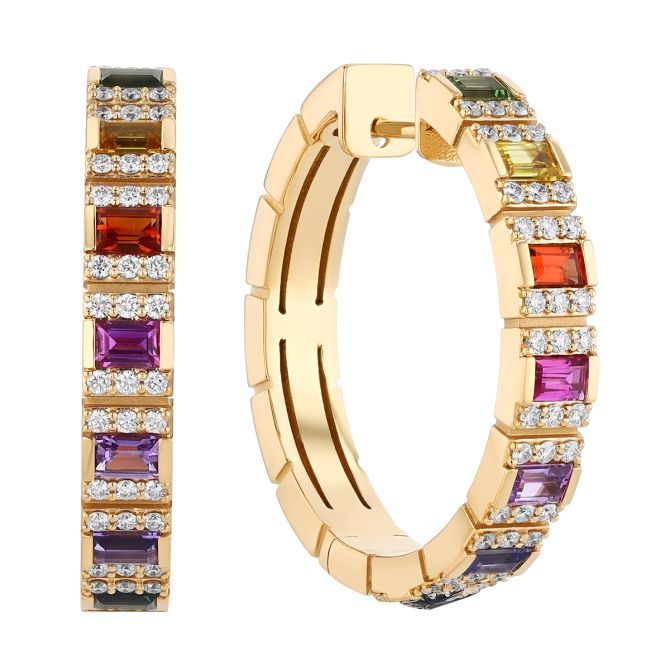 Roberto Coin Multicolored Emerald Cut Sapphire & Diamond Brick Pattern Hoop Earrings in Yellow Gold