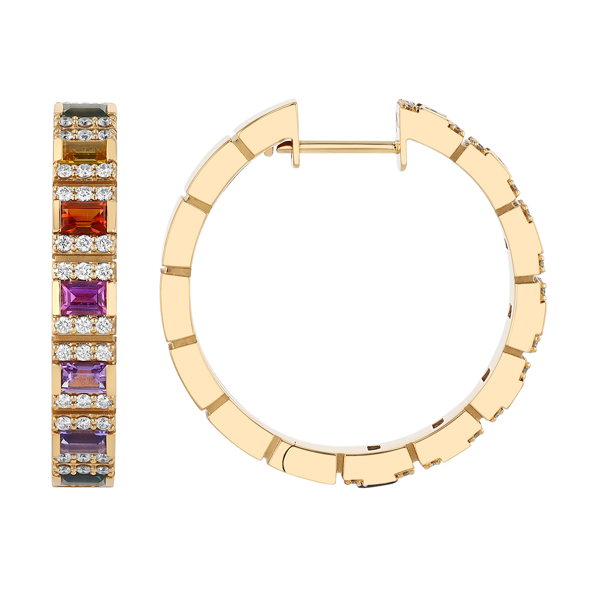 Roberto Coin Multicolored Emerald Cut Sapphire & Diamond Brick Pattern Hoop Earrings in Yellow Gold