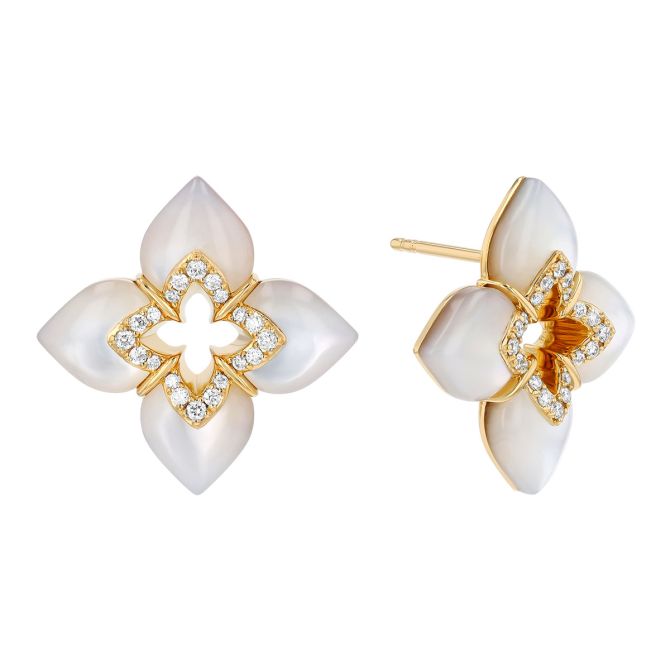 Roberto Coin Venetian Princess Diamond & Mother of Pearl Floral Earrings in Yellow Gold