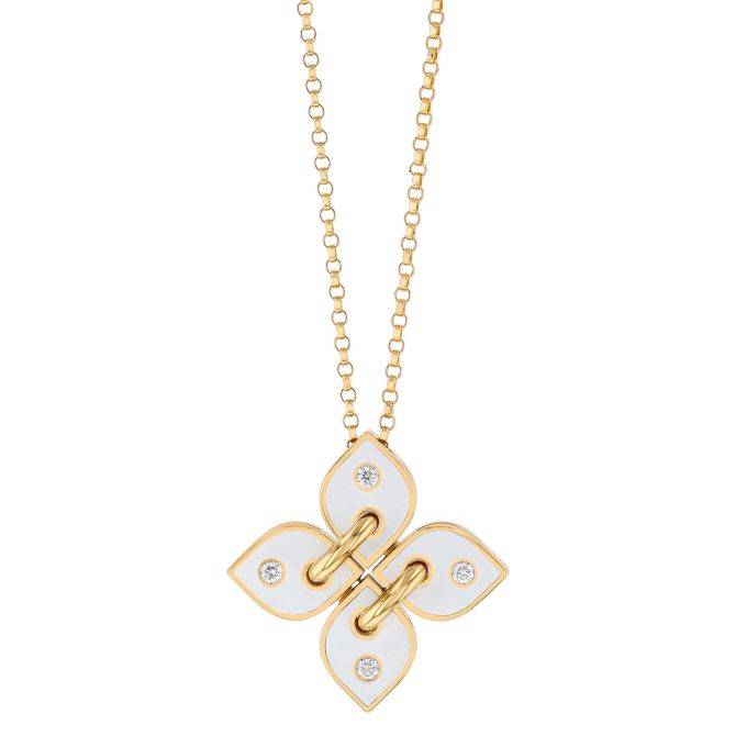 Roberto Coin Love in Verona Diamond & White Enamel Flower Pendant in Yellow Gold, 18"