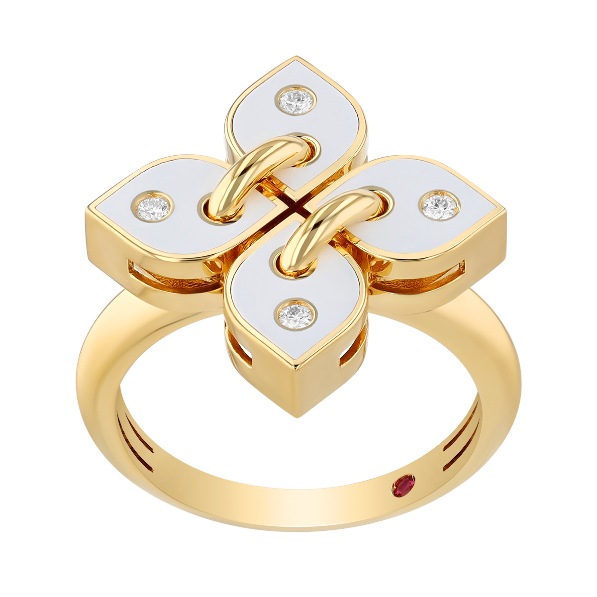 Roberto Coin Venetian Princess White Enamel & Diamond Flower Ring in Yellow Gold