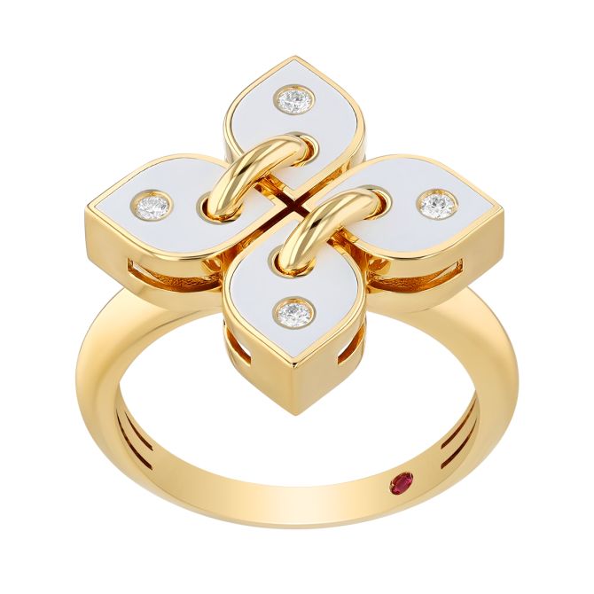 Roberto Coin Venetian Princess White Enamel & Diamond Flower Ring in Yellow Gold
