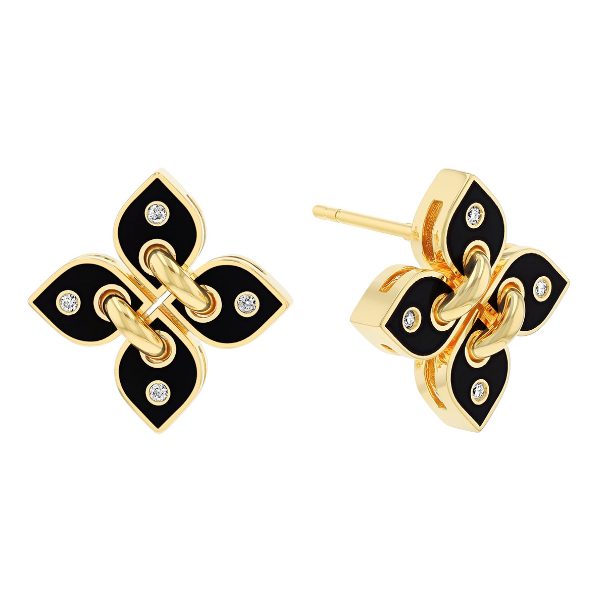 Roberto Coin Love in Verona Diamond & Black Enamel Flower Stud Earrings in Yellow Gold