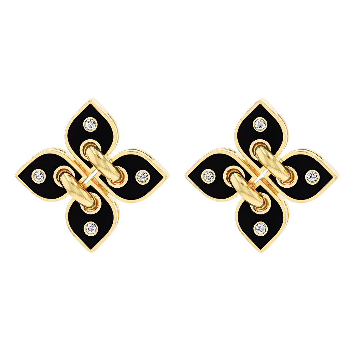 Roberto Coin Love in Verona Diamond & Black Enamel Flower Stud Earrings in Yellow Gold
