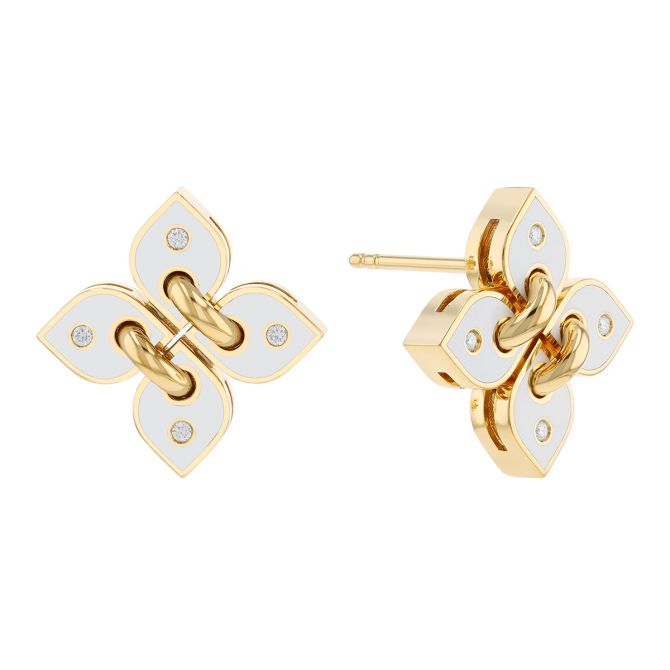 Roberto Coin Love in Verona Diamond & White Enamel Flower Stud Earrings in Yellow Gold