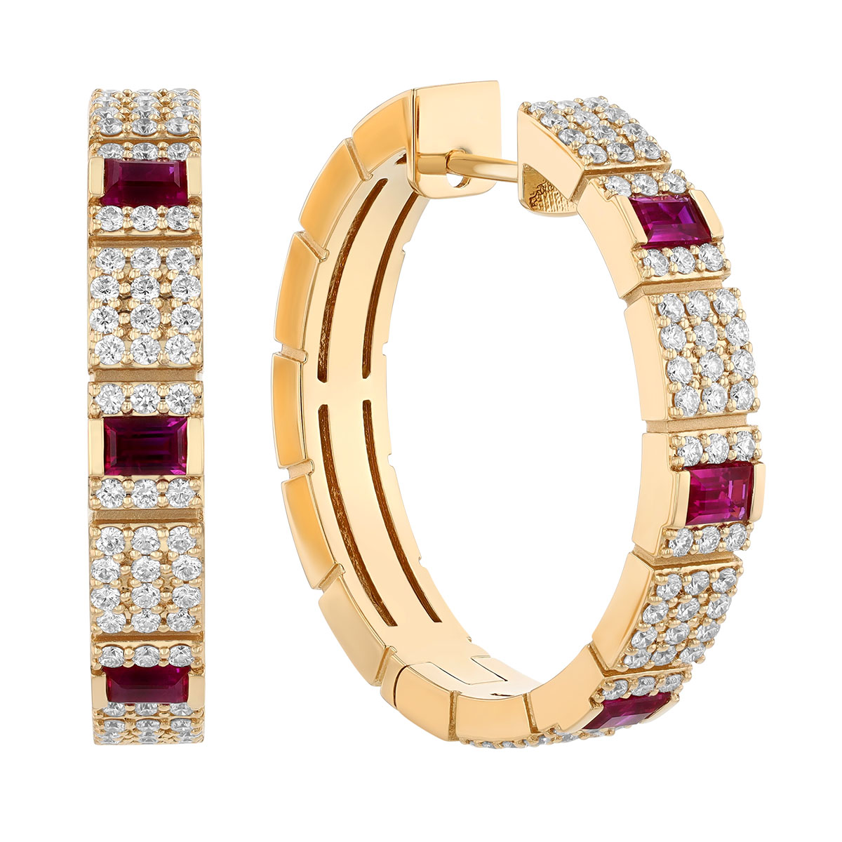 Roberto Coin Obelisco Emerald Cut Ruby & Diamond Pavé Brick Pattern Hoop Earrings in Yellow Gold