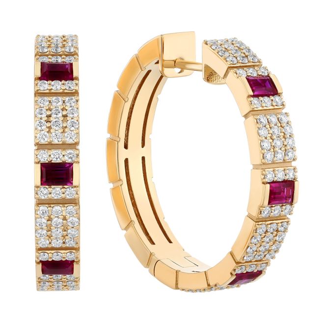 Roberto Coin Obelisco Emerald Cut Ruby & Diamond Pavé Brick Pattern Hoop Earrings in Yellow Gold
