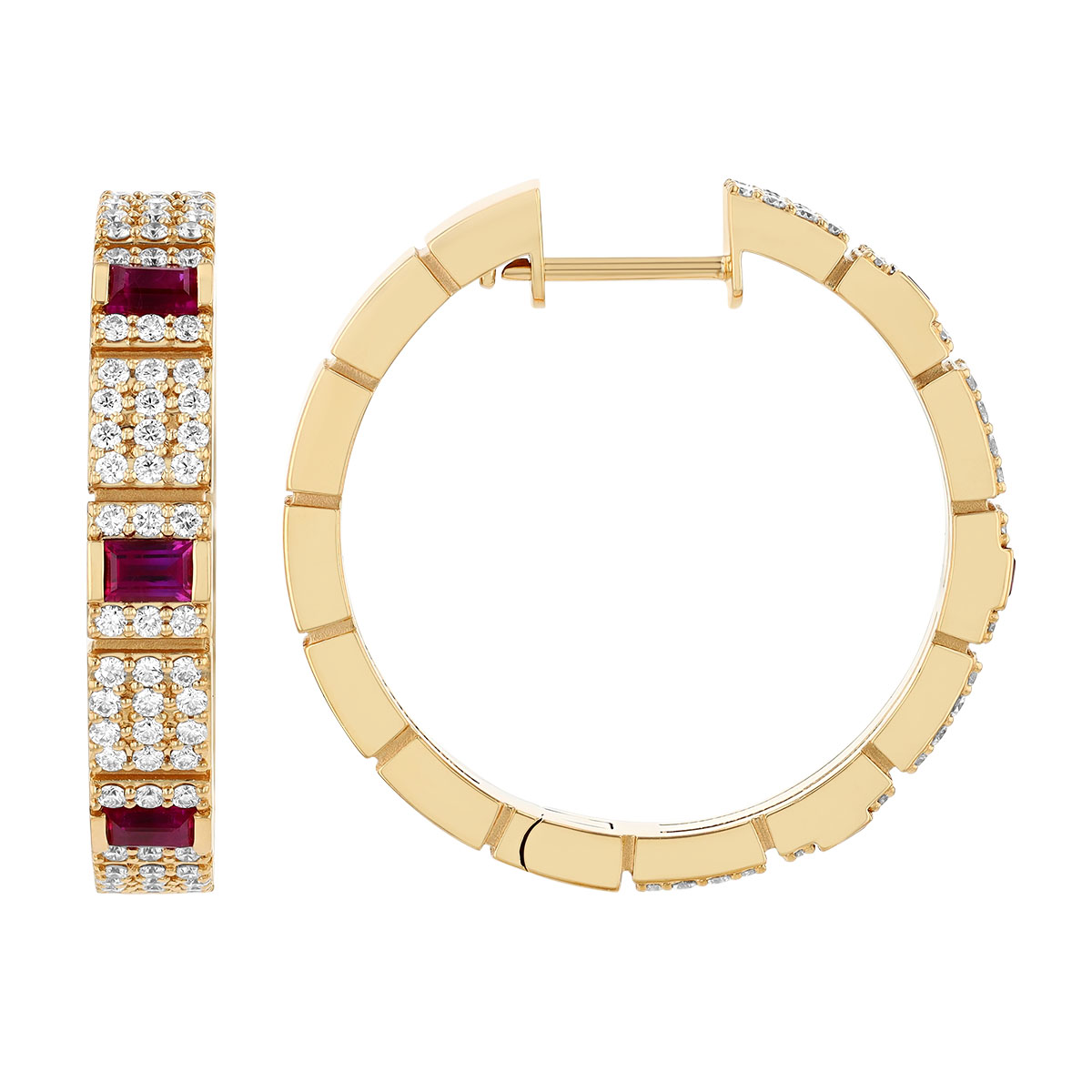 Roberto Coin Obelisco Emerald Cut Ruby & Diamond Pavé Brick Pattern Hoop Earrings in Yellow Gold