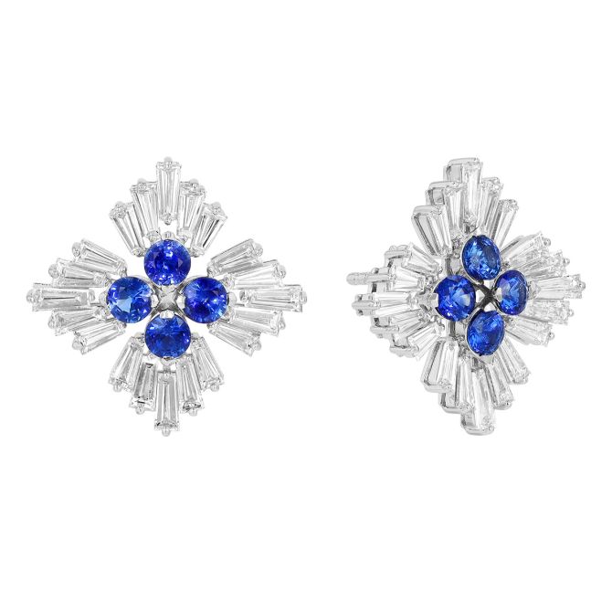 Roberto Coin Princess Round Sapphire & Tapered Baguette Diamond Earrings in White Gold