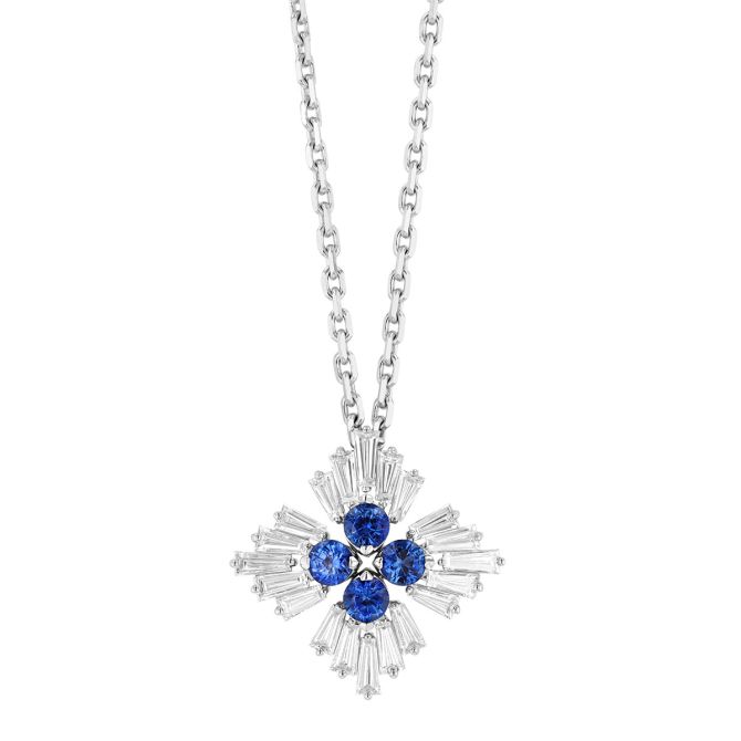 Roberto Coin Princess Round Sapphire & Tapered Baguette Diamond Pendant in White Gold, 18"