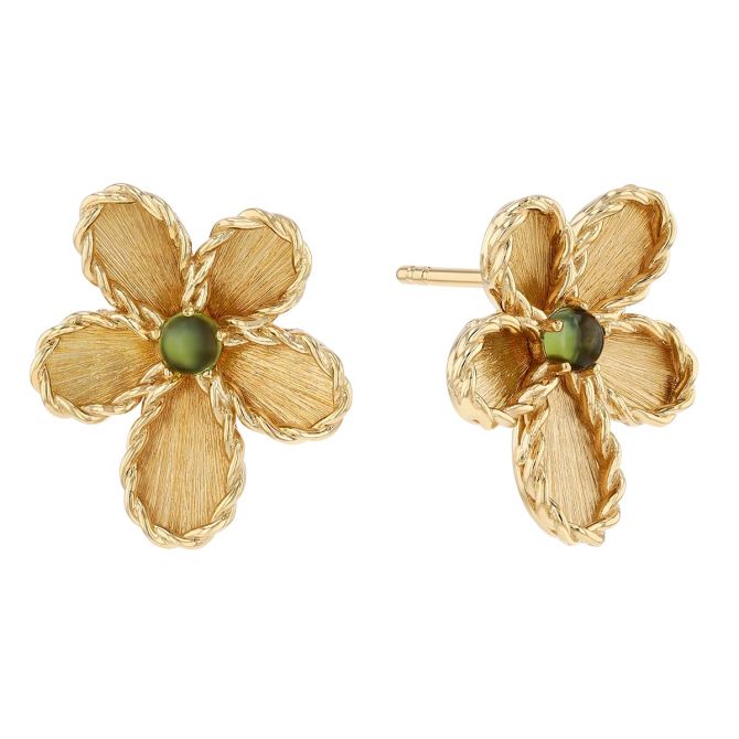 Roberto Coin Jasmine Round Cabochon Tourmaline Flower Stud Earrings in Yellow Gold