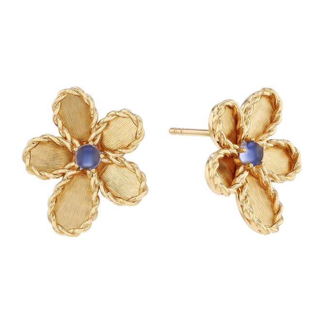 Roberto Coin Jasmine Round Cabochon Tanzanite Flower Stud Earrings in Yellow Gold