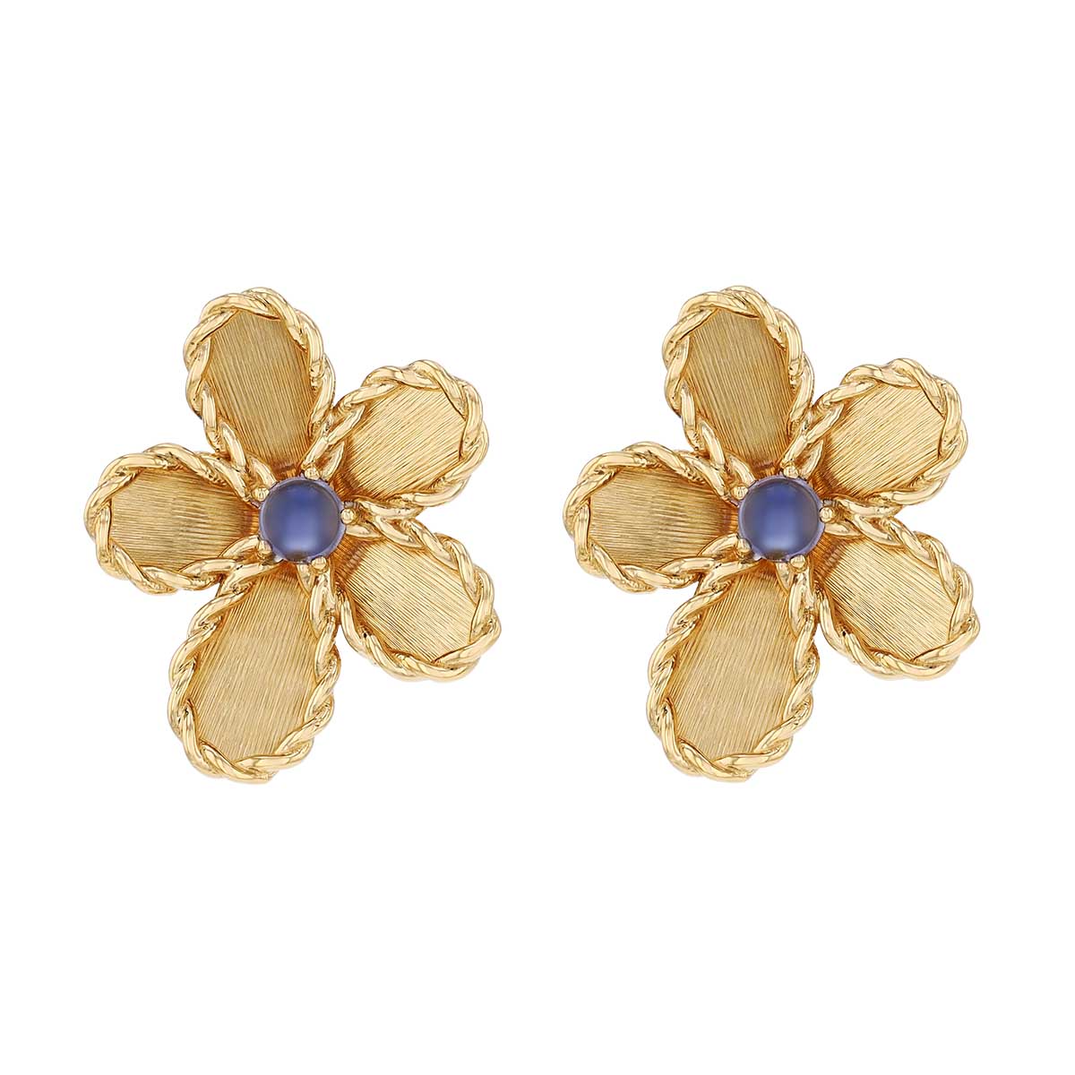 Roberto Coin Jasmine Round Cabochon Tanzanite Flower Stud Earrings in Yellow Gold