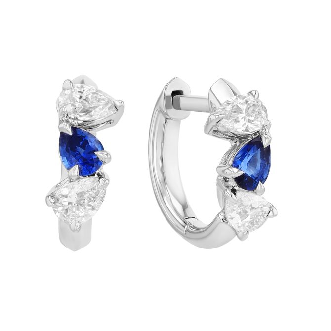 Phillips House One of One Pear Shape Sapphire & Diamond Trio Huggie Hoop Earrings in Platinum