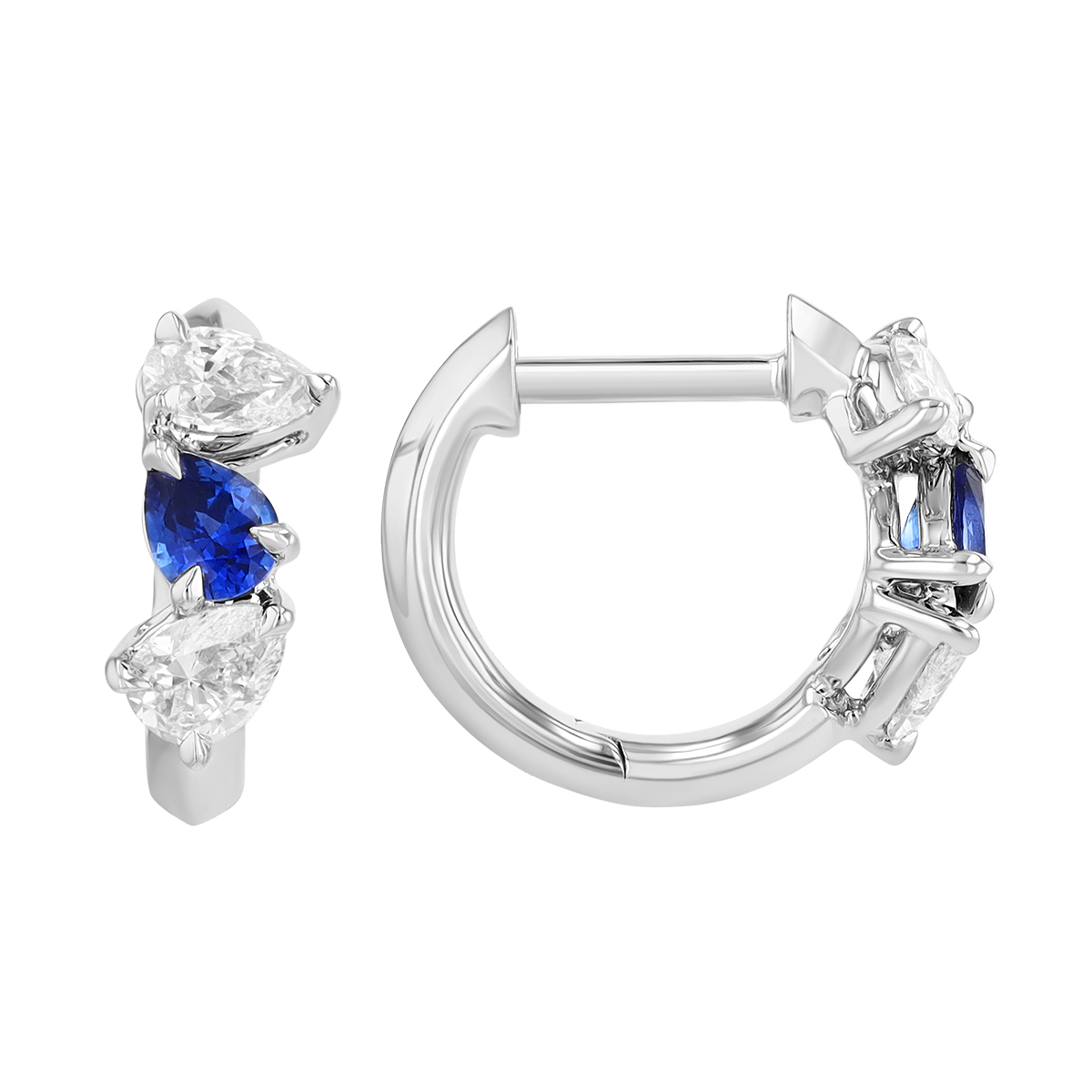 Phillips House One of One Pear Shape Sapphire & Diamond Trio Huggie Hoop Earrings in Platinum